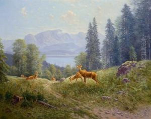 Rotwild Auf Einer Lichtung Mit Blick Auf Den Walchensee Oil Painting by Ludwig Skell