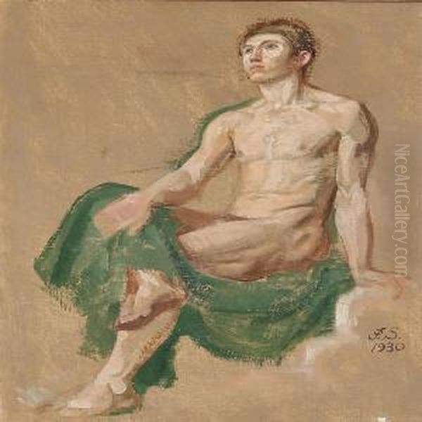 Nude Male In A Green Cloth Oil Painting by Joakim Skovgaard