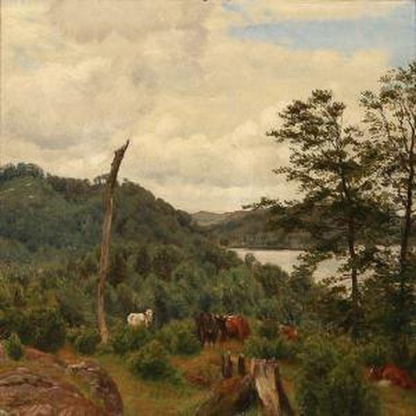 Landscape With Grazing Cows Oil Painting by Joakim Skovgaard