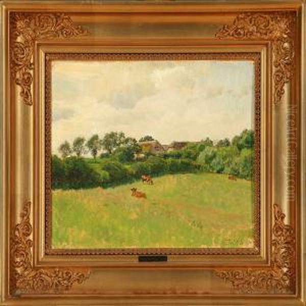 Grazing Cows Behinda Farm Oil Painting by Joakim Skovgaard