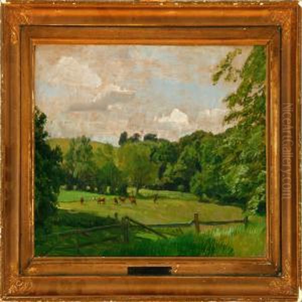 A Summer Fieldlandscape With Grazing Cows Oil Painting by Joakim Skovgaard