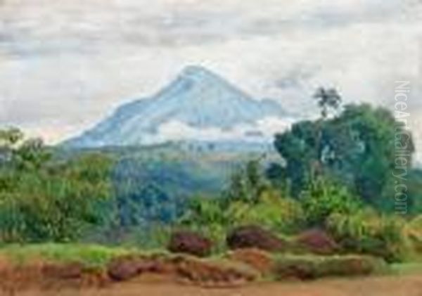 Scenery From Java With Mountains And Palm Trees. Signed Is, 1908, Prigen Oil Painting by Joakim Skovgaard