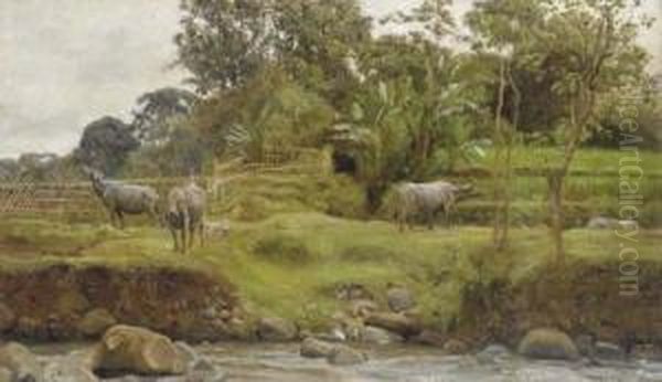 Cattle By Terraced Paddy Fields, Java Oil Painting by Joakim Skovgaard