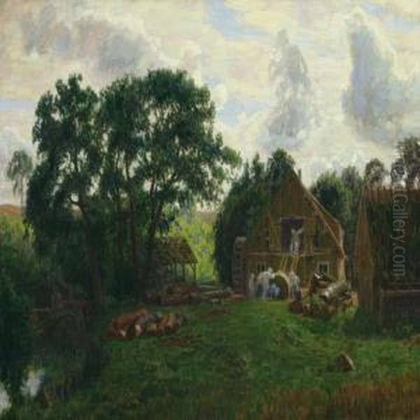 Working At The Water Mill Oil Painting by Niels Skovgaard