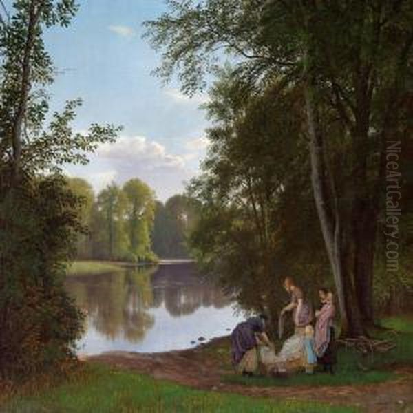 Quiet Summer Evening At A Lake In The Forest Oil Painting by Peter Christian T. Skovgaard