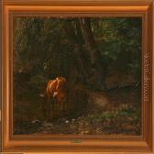 Cow Watering In Alake In The Forest Oil Painting by Peter Christian T. Skovgaard