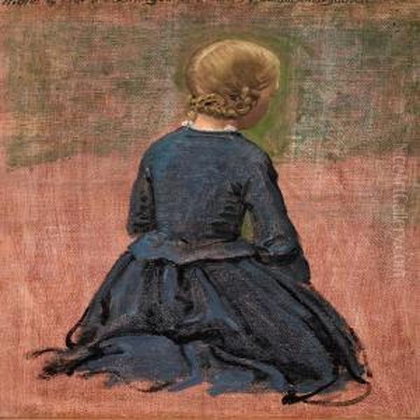 Kneeling Girl In A Blue Dress Oil Painting by Peter Christian T. Skovgaard