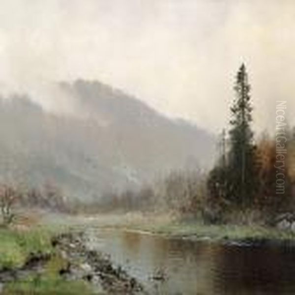 Scandinavian River Landscape Oil Painting by Ludvig Skramstad