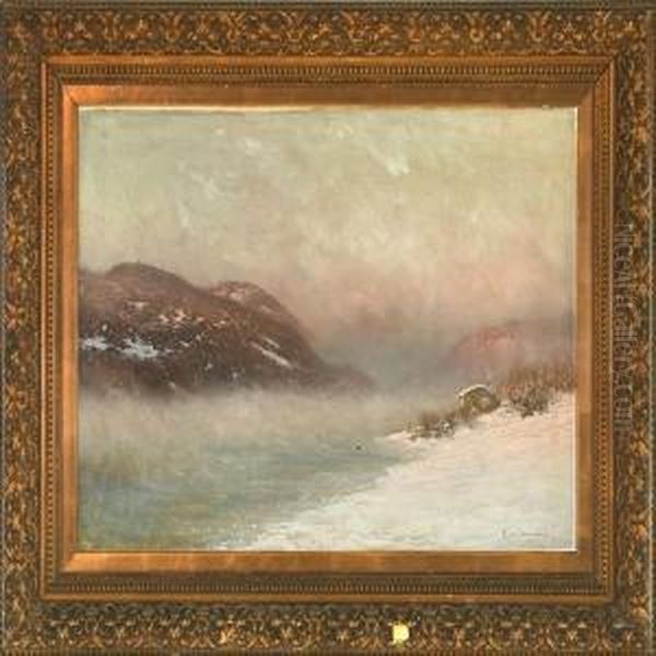 The Sun Rise Above A Foggy Snow-covered Landscape Oil Painting by Ludvig Skramstad