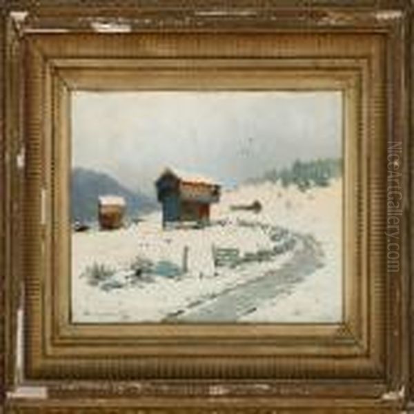 Cabins In The Snow Oil Painting by Ludvig Skramstad