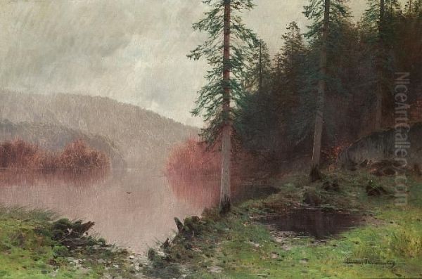 Nordic River Landscape With Tall Spruces Oil Painting by Ludvig Skramstad