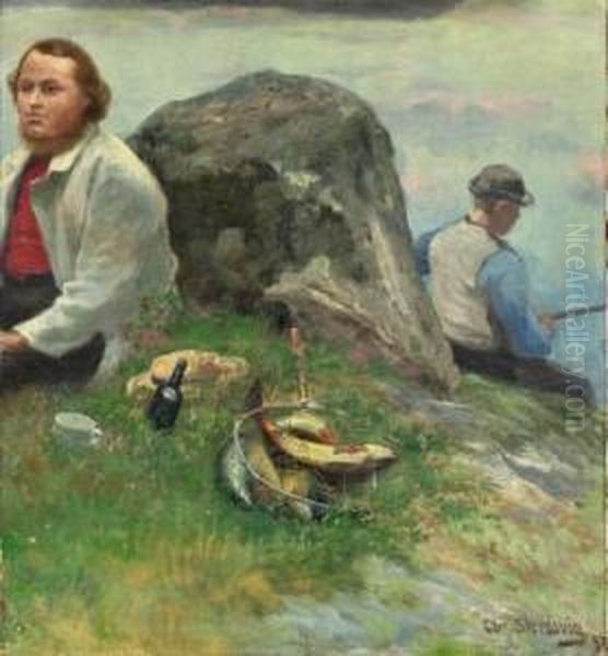 P. Chr. Asbjornsen Pa Tur Med Fiskergutt 1897 Oil Painting by Christian Eriksen Skredsvig