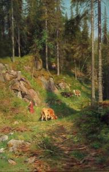 Budeie Med Kyr 1884 Oil Painting by Christian Eriksen Skredsvig