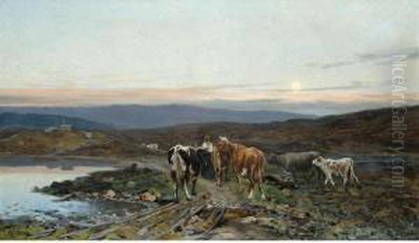 Cattle On A Country Track Oil Painting by Christian Eriksen Skredsvig