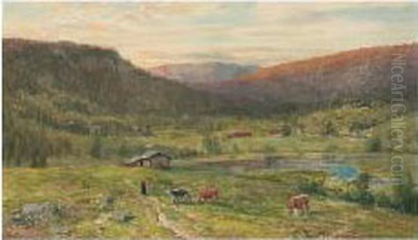 Gjete Kuene (tending The Cows) Oil Painting by Christian Eriksen Skredsvig