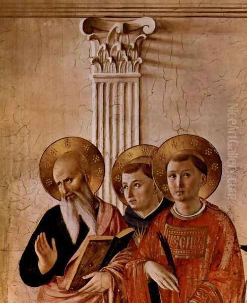 Mary and the Christ child and saints, detail Evangelist John, v. Thomas Aquinas, Lawrence Martyr Oil Painting by Angelico Fra