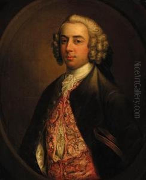 Portrait Of A Gentleman, 
Half-length, In A Brown Coat Andembroidered Waistcoat, A Tricorn Under 
His Arm, In A Feignedoval Oil Painting by Stephen Slaughter