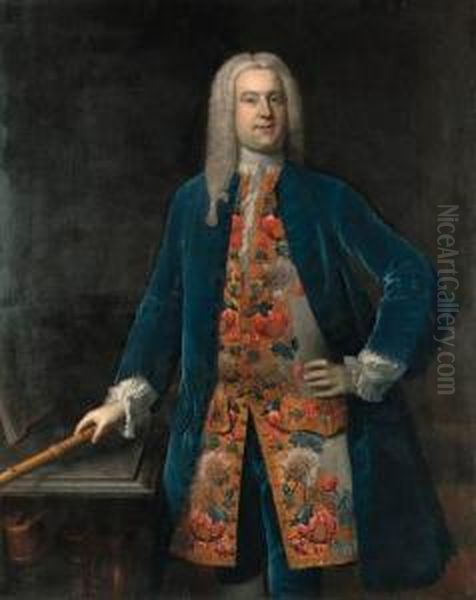 Portrait Of A Gentleman, 
Traditionally Identified As Georgefrederick Handel, 
Three-quarter-length, In A Blue Velvet Coat Andan Elaborately 
Embroidered Waistcoat, Holding A Flute, In Aninterior Oil Painting by Stephen Slaughter