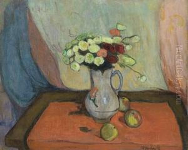 Vase De Fleurs Avec Trois Pommes Oil Painting by Wladyslaw Slewinski