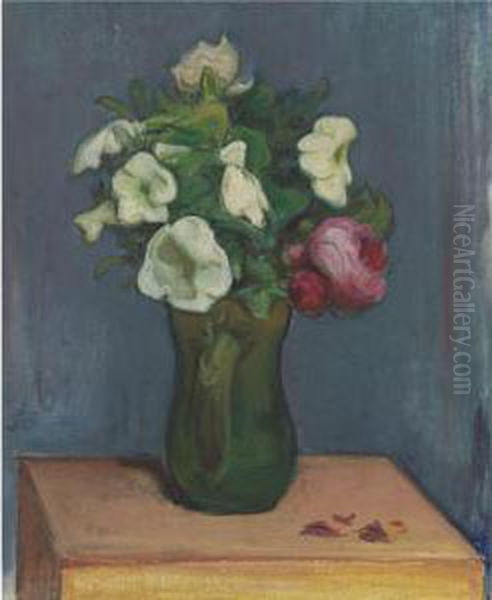 Cruche De Fleurs Blanches Et Une Rose Oil Painting by Wladyslaw Slewinski