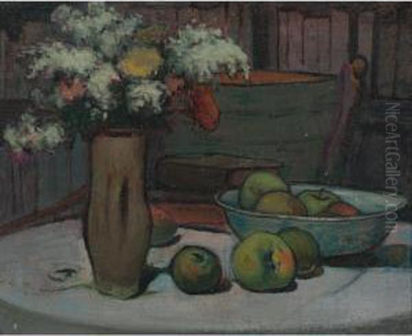 Fleurs Et Pommes Sur La Table Ronde Oil Painting by Wladyslaw Slewinski