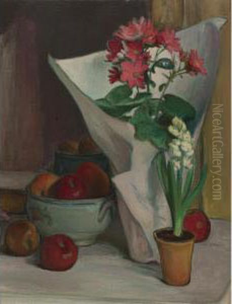 Pommes, Fleurs Et Papier Blanc Oil Painting by Wladyslaw Slewinski