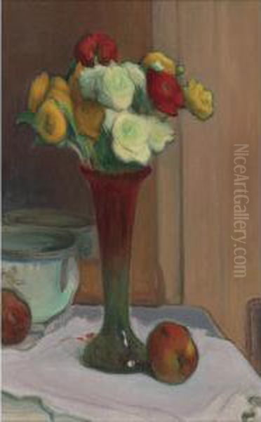 Vase De Fleurs, Pot Et Pommes Oil Painting by Wladyslaw Slewinski