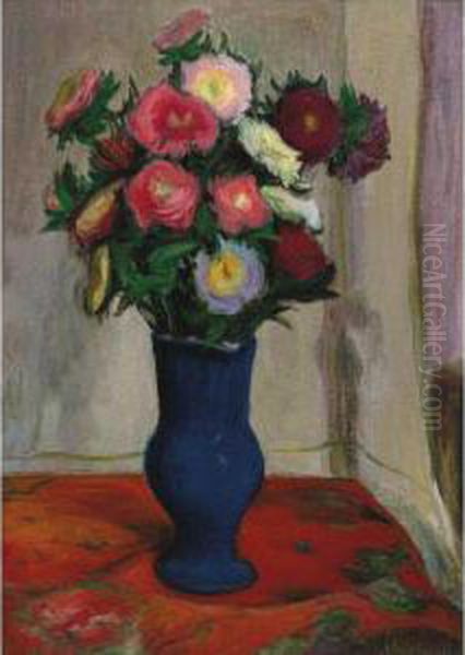 Bouquet De Fleurs Au Vase Bleu Oil Painting by Wladyslaw Slewinski