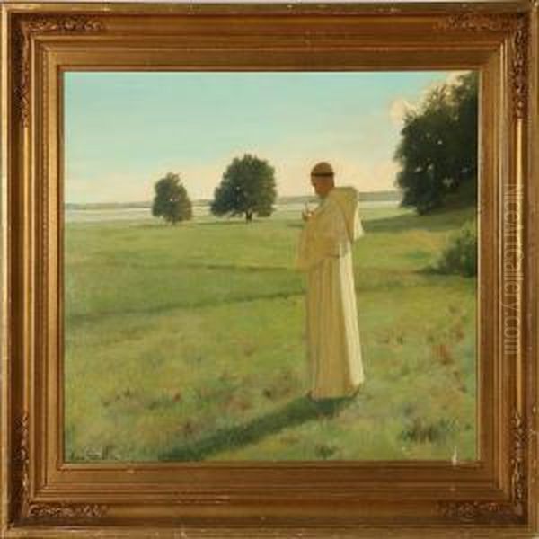 A Monk On A Mark Oil Painting by Agnes Slott-Mrller