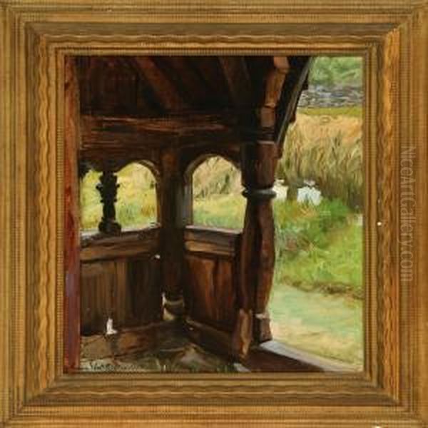 Gallery At Borgund Stave Church In Norway Oil Painting by Agnes Slott-Mrller