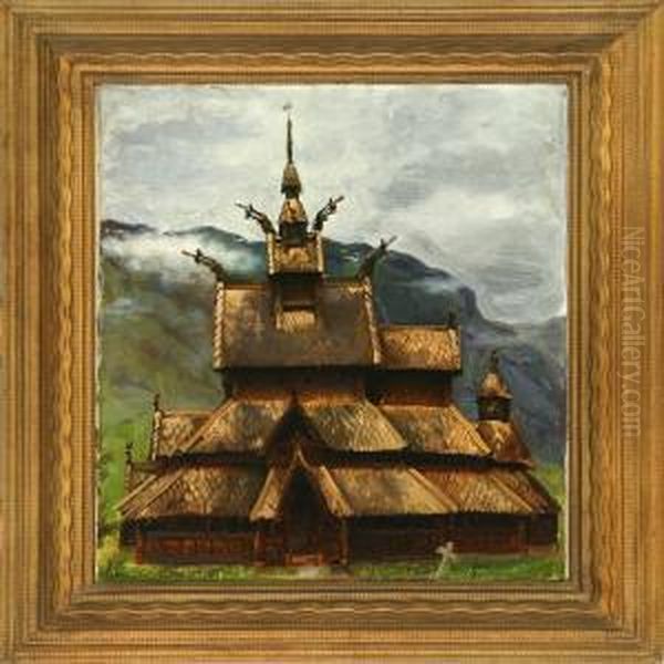 Borgund Stave Church In Norway Oil Painting by Agnes Slott-Mrller