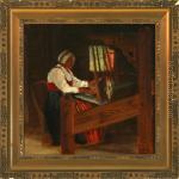 Norwegian Woman Weaving Oil Painting by Agnes Slott-Mrller