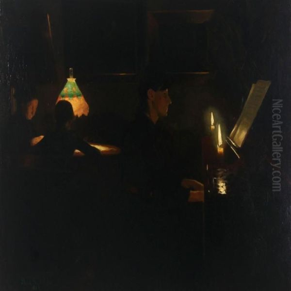 Interior With A Young Woman Playing Piano In The Light Ofcandles Oil Painting by Harald Slott-Moller