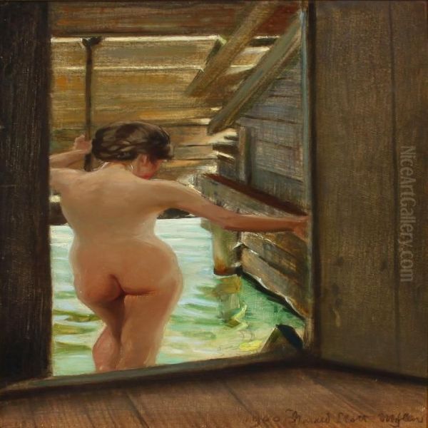 Nude Woman Bathing Oil Painting by Harald Slott-Moller