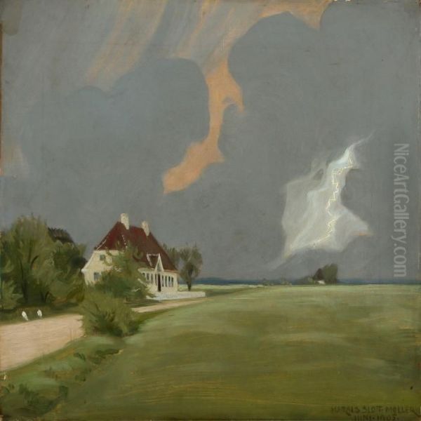 Landscape With Lightning Oil Painting by Harald Slott-Moller