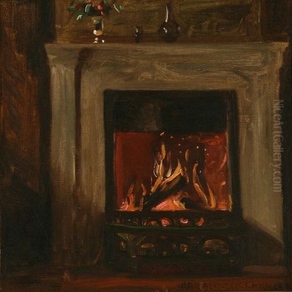 Interior With A Fireplace Oil Painting by Harald Slott-Moller