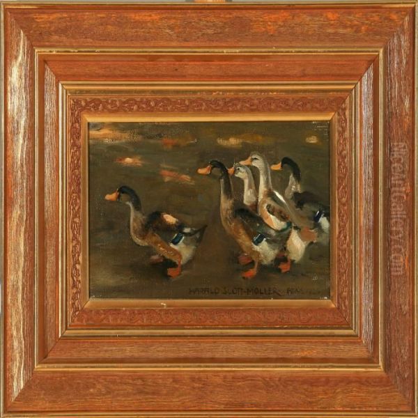 Five Ducks Oil Painting by Harald Slott-Moller