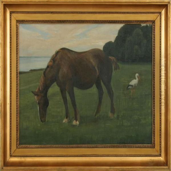 Landscape With Astork And A Horse Oil Painting by Harald Slott-Moller