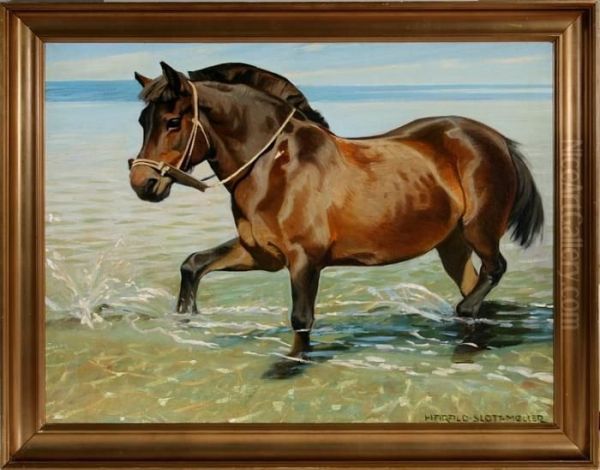 A Pony Trots In The Water. Signed Harald Slott-moller Oil Painting by Harald Slott-Moller