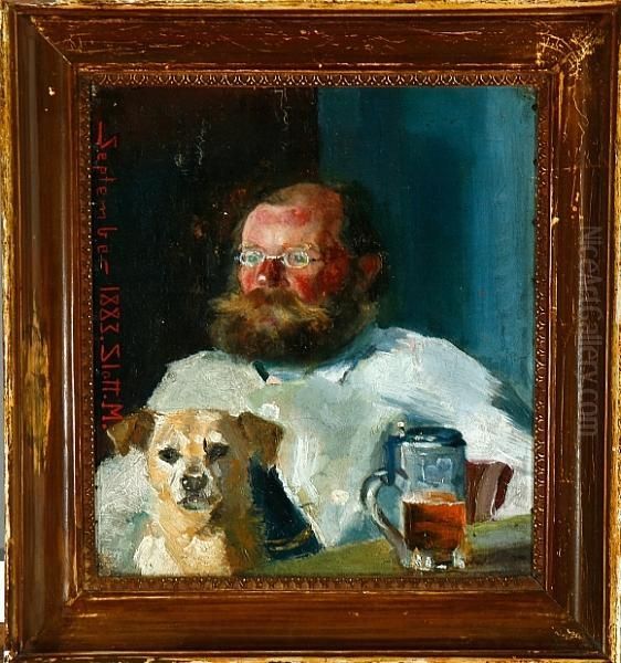 An Elderly Gentleman Is Drinking Beer With His Dog Oil Painting by Harald Slott-Moller