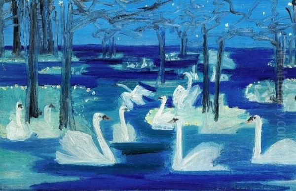 Lake With Swans Oil Painting by Harald Slott-Moller