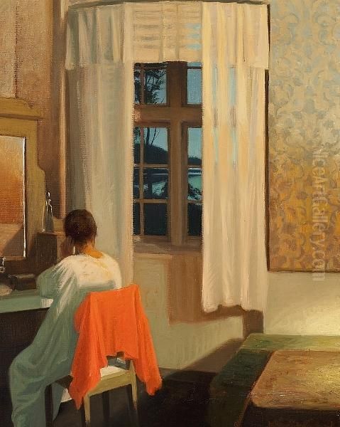 An Interior With A Woman Oil Painting by Harald Slott-Moller