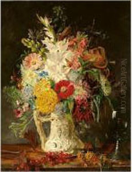 Vase Of Flowers With Self Portrait Oil Painting by Frederick Smallfield, A.R.W.S.