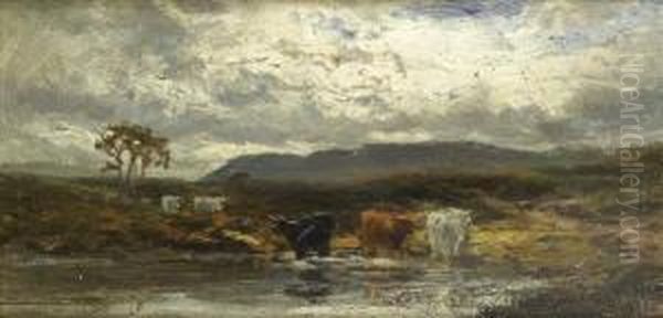 Far From The Busyworld, An 
Upland Landscape With Cattle Watering In The Shallows Ofa Pool Oil Painting by John Smart