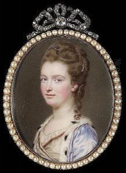 A Peeress, Wearing 
Ermine-trimmed Mauve Satin Robe Over White Dress, A Jewelled Clip And 
Strand Of Pearls In Her Brown Hair, Upswept And With A Curl Falling Over
 Her Left Shoulder Oil Painting by John I Smart