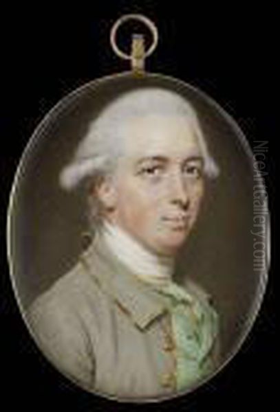 A Gentleman, Wearing Gold Edged 
Grey Coat, Gold Edged Leaf Green Waistcoat, White Stock And Lace Cravat,
 His Hair Powdered And Worn Oil Painting by John I Smart