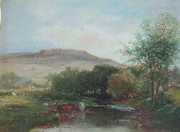 Cattle Watering In A River Landscape Oil Painting by John I Smart