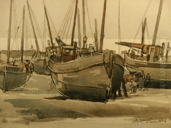 St. Ives. Fishing Boats At Low Tide Oil Painting by Rowley Smart