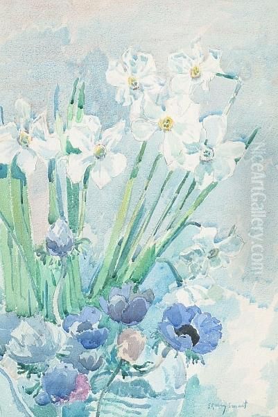 Narcissi And Anemonies In A Vase Oil Painting by Rowley Smart