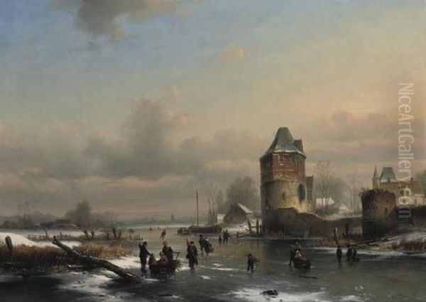 A Winter Landscape With Many Figures On A Frozen Waterway Oil Painting by Louis Smets